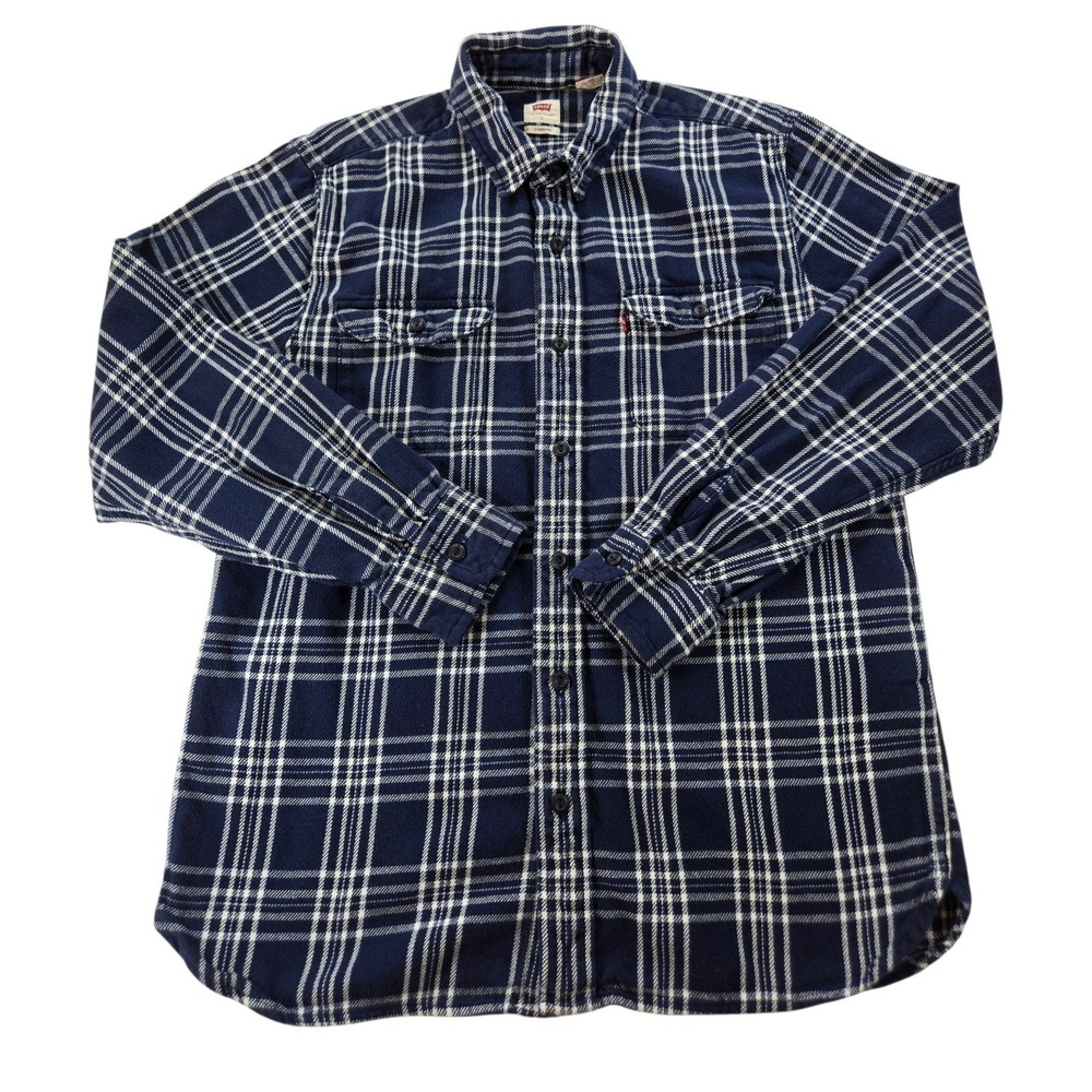 Levis Mens Flannel Shirt Large Navy Blue White Plaid Cotton Button Down Standard